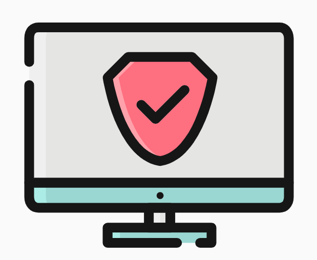 A red shield with a check mark in the middle appears on a computer screen.